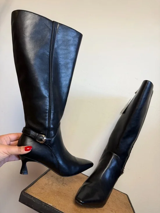 Naturalizer Black Leather Pointed-Toe Knee Boots with Mid Heels - Picture 4 of 13